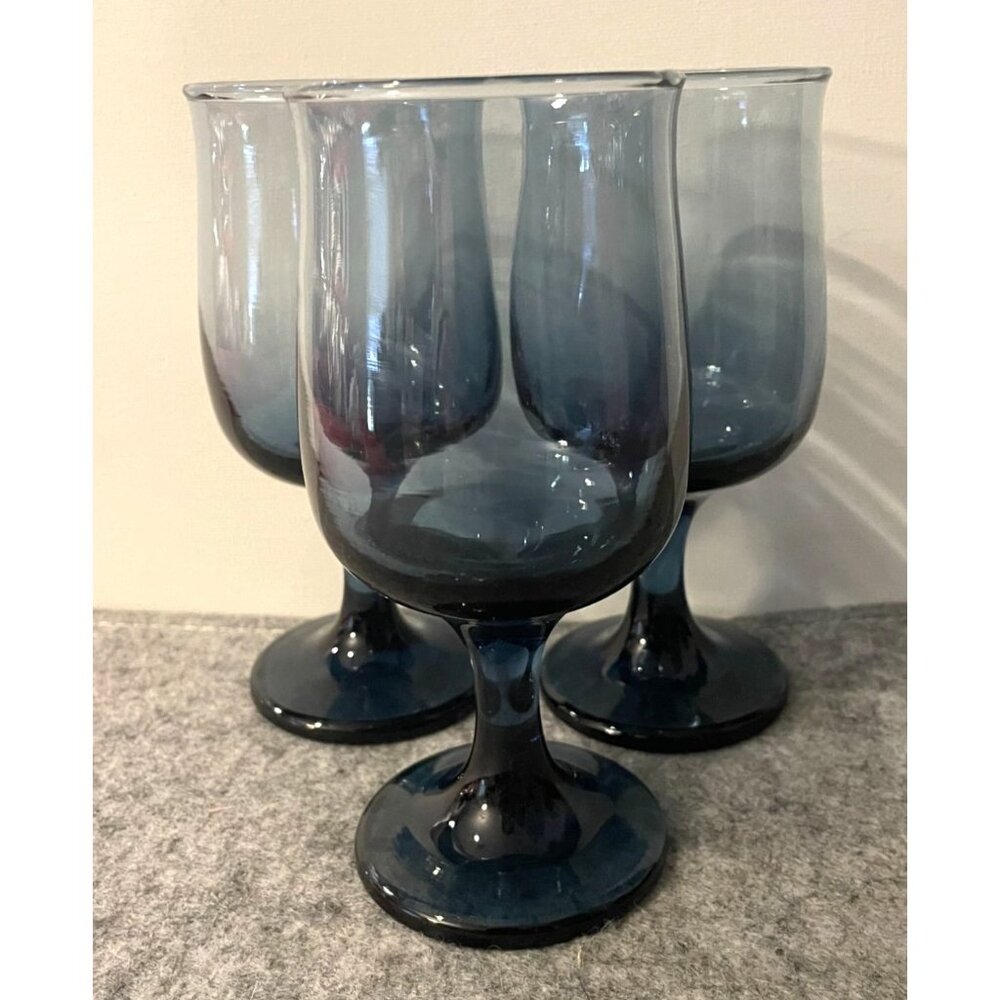 3 Smokey  Blue Tulip Shaped Wine / Goblets Possibly Libbey  5.25' Tall  # 2080